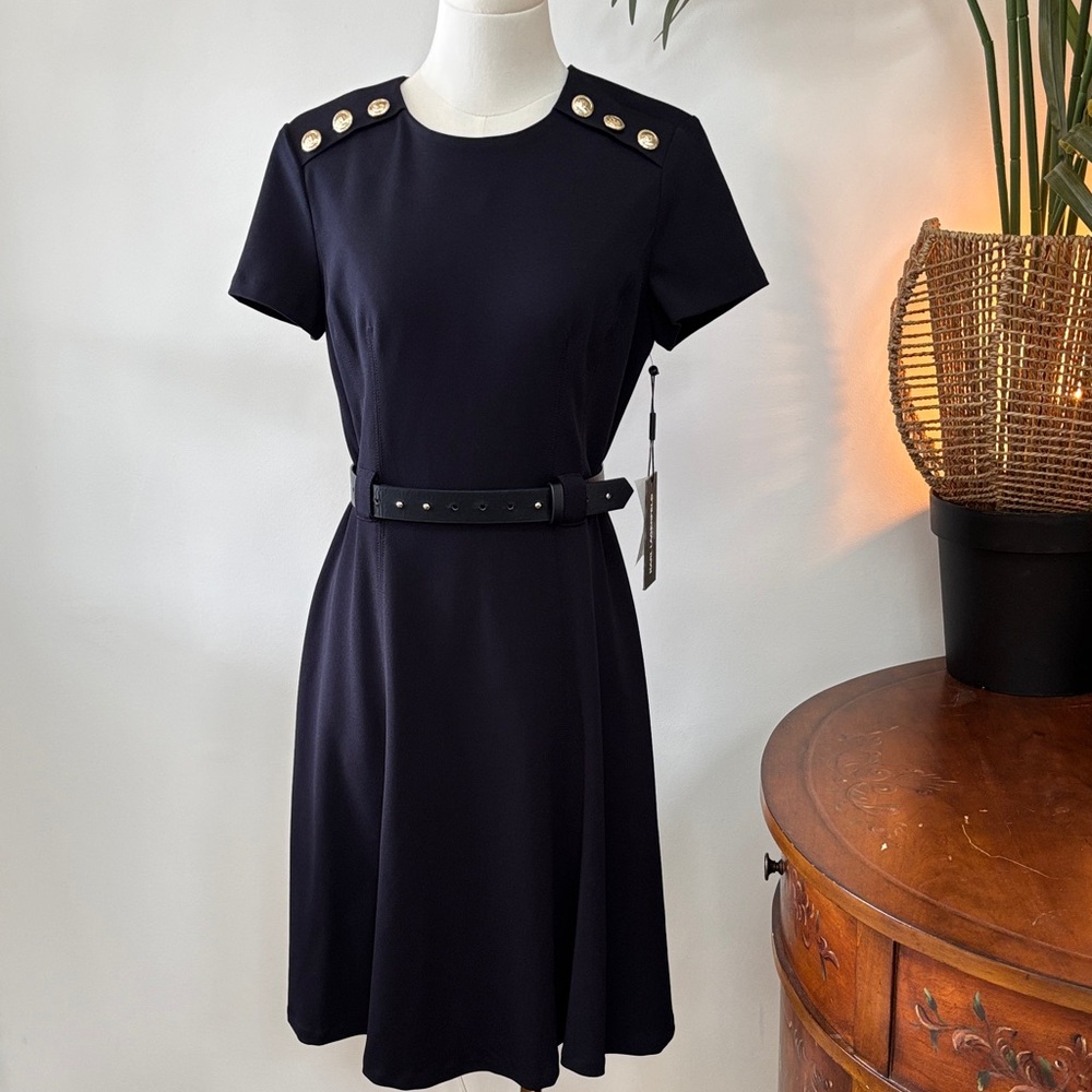 KARL LAGERFELD NWT Navy Dress with Gold Button Accents Belted 4